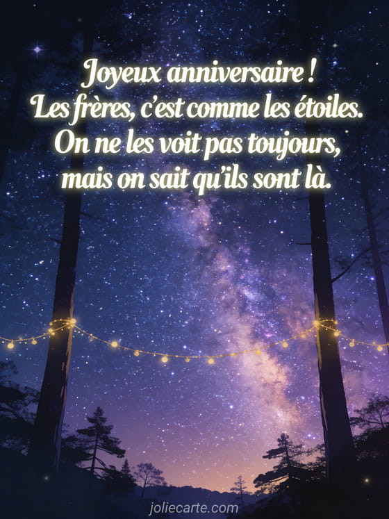 Lettres blanches lumineuses avec ciel nocturne magnifique parsemé d'étoiles et voie lactée, silhouettes d'arbres et guirlandes lumineuses dorées