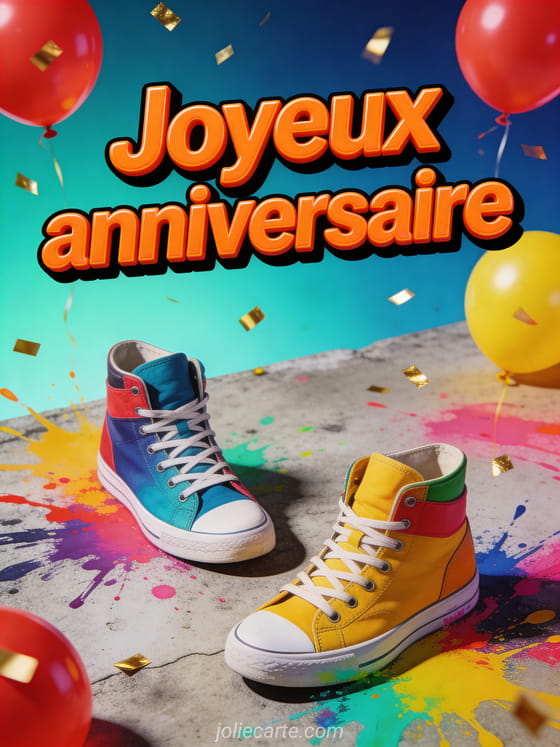 Baskets montantes colorées sur fond béton avec éclaboussures de peinture multicolore, ballons rouges et jaunes et confettis dorés sur fond turquoise avec le texte Joyeux anniversaire