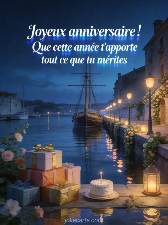 Vieux port fleuri avec voiliers amarrés à l'heure bleue, pile de cadeaux colorés et gâteau d'anniversaire, fleurs grimpantes et lampions avec le texte Joyeux anniversaire