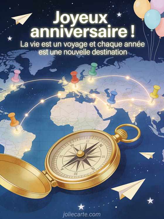 Carte du monde stylisée avec épingles colorées et lignes lumineuses, boussole vintage dorée, avions en papier et ballons pastel dans un ciel étoilé avec le texte Joyeux anniversaire