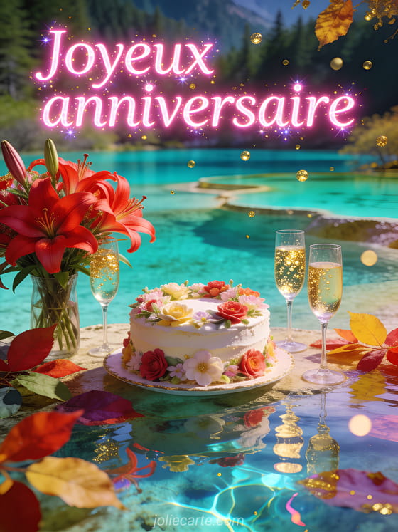 Lacs multicolores de Jiuzhaigou Valley avec eaux turquoise et émeraude, gâteau décoré de fleurs, coupes de champagne et amaryllis rouges avec le texte Joyeux anniversaire