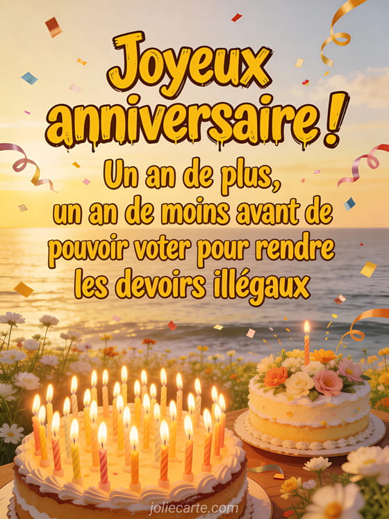 Champ floral au bord de la mer dans un après-midi doré avec gâteau aux bougies ridiculement nombreuses, deuxième gâteau décoré de fleurs et confettis avec le texte Joyeux anniversaire