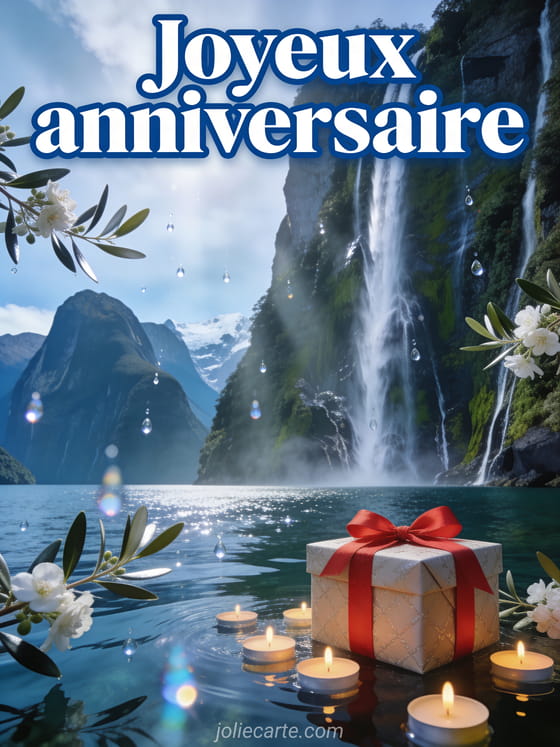 Milford Sound en Nouvelle-Zélande avec cascades spectaculaires, cadeau avec ruban rouge et bougies flottantes sur l'eau, branches d'olivier en fleurs avec le texte Joyeux anniversaire