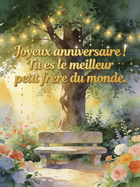 Banc en pierre sous un grand tilleul dans un jardin fleuri avec guirlande lumineuse et paillettes dorées avec le texte Joyeux anniversaire