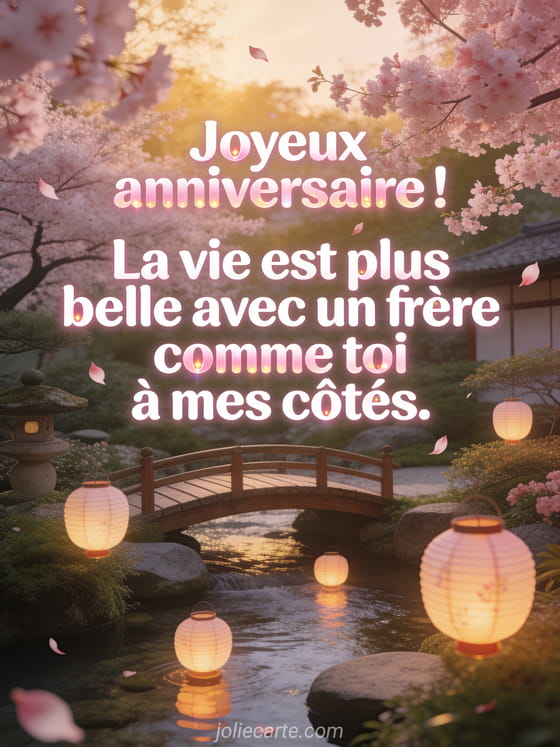 Jardin japonais zen avec cerisiers en fleurs roses, petit pont en bois et lanternes en papier illuminées au-dessus d'un ruisseau avec le texte Joyeux anniversaire