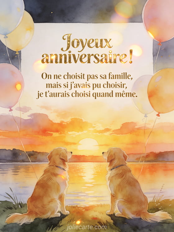 Lettres cuivrées élégantes avec deux chiens golden retriever côte à côte devant un coucher de soleil sur un lac avec ballons pastel