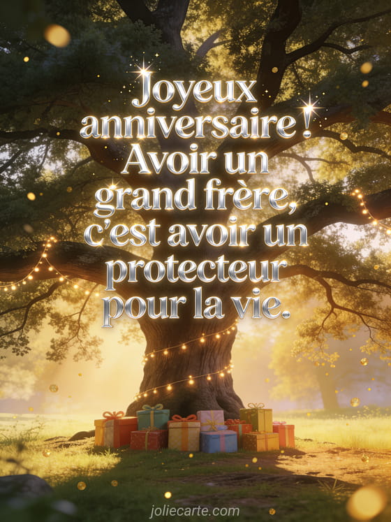 Lettres argentées scintillantes avec grand chêne majestueux dans une clairière baignée de lumière dorée, guirlandes lumineuses et cadeaux colorés