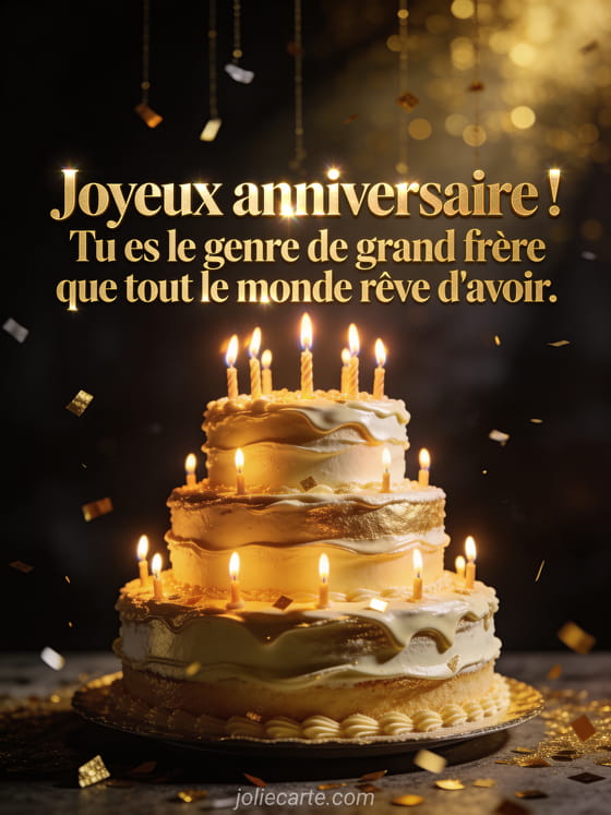 Lettres dorées lumineuses avec gâteau d'anniversaire spectaculaire à plusieurs étages décoré de crème dorée et bougies sur fond sombre élégant
