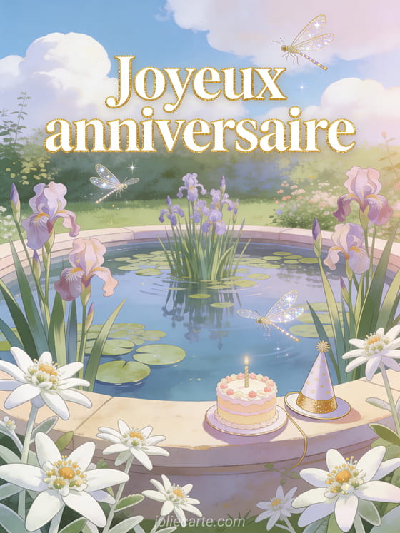 Bassin de jardin avec iris d'eau sous un ciel nuageux, edelweiss et gâteau d'anniversaire sur la margelle avec libellules scintillantes et le texte Joyeux anniversaire