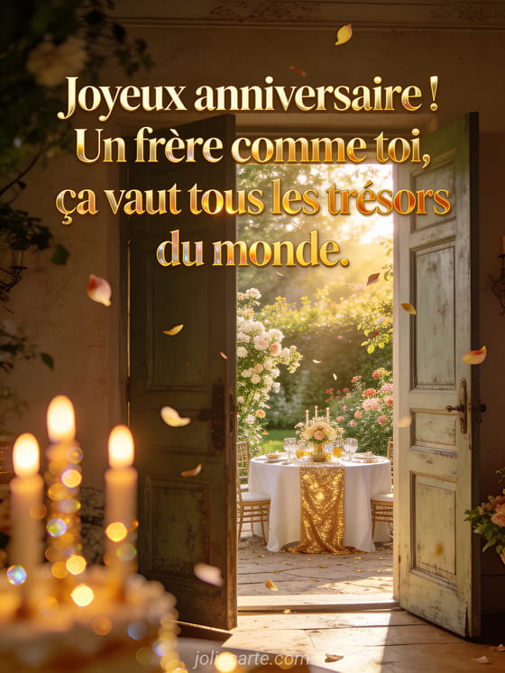 Porte ancienne entrouverte sur un jardin fleuri avec table festive et décorations dorées et bougies d'anniversaire scintillantes avec le texte Joyeux anniversaire