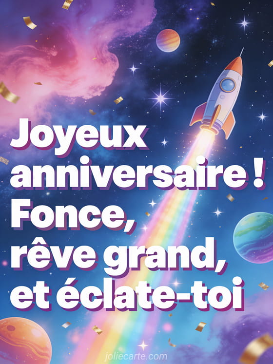 Fusée stylisée décollant dans un ciel étoilé avec traînée arc-en-ciel, planètes colorées et confettis dorés sur fond bleu nuit avec nébuleuses avec le texte Joyeux anniversaire