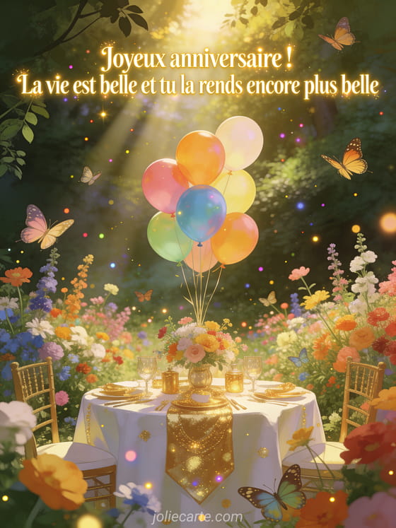 Clairière fleurie baignée de lumière dorée avec table festive et ballons colorés, fleurs sauvages multicolores, papillons et particules lumineuses avec le texte Joyeux anniversaire