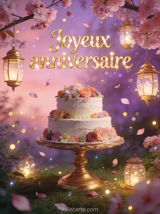Jardin enchanté avec lanternes suspendues à des branches fleuries, pétales de cerisier roses, gâteau élégant à deux étages décoré de fleurs sur présentoir doré avec le texte Joyeux anniversaire
