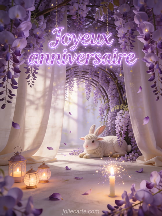 Tunnel de glycines violettes en pleine floraison avec lapin bélier, lampions de fête allumés et sparkler étincelant, pétales violets tombant avec le texte Joyeux anniversaire