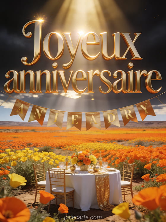 Namaqualand en superbloom avec tapis infini de fleurs sauvages orange et jaunes, banderole dorée et table festive avec décorations sous des rayons de lumière spectaculaires avec le texte Joyeux anniversaire