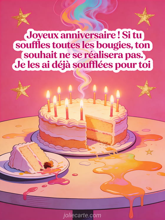 Gâteau d'anniversaire dont toutes les bougies sont éteintes avec fumée en spirales colorées, assiette de gâteau à moitié mangée et traces de glaçage sur fond rose avec le texte Joyeux anniversaire
