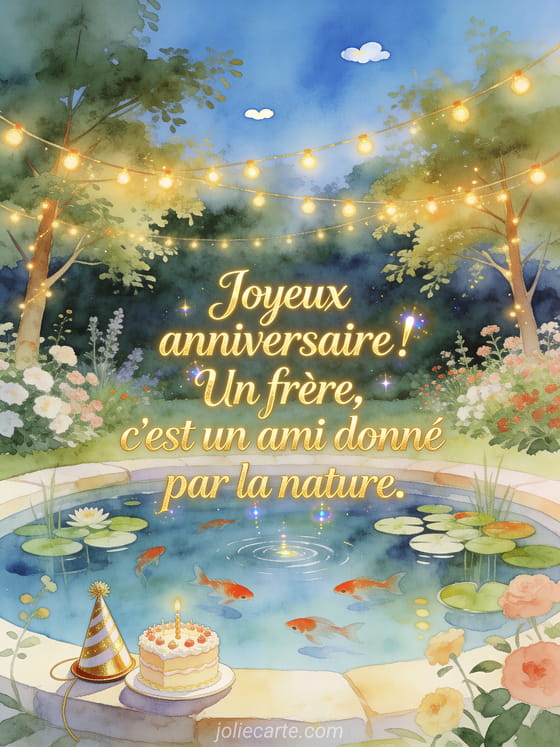 Lettres dorées élégantes avec bassin aux poissons rouges et nénuphars dans un jardin fleuri, gâteau et chapeau de fête, guirlandes lumineuses