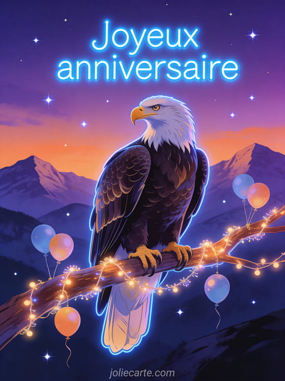 Lettres bleues lumineuses néon avec aigle royal perché sur une branche décorée de guirlandes et ballons, fond montagneux au crépuscule