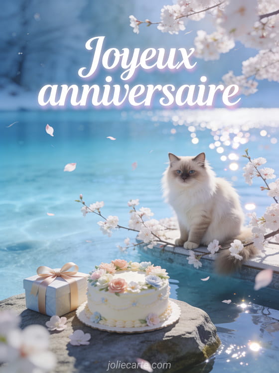 Lettres blanches élégantes avec lac glaciaire bleu et chat angora turc au bord, cerisier en fleurs, gâteau et cadeau sur un rocher