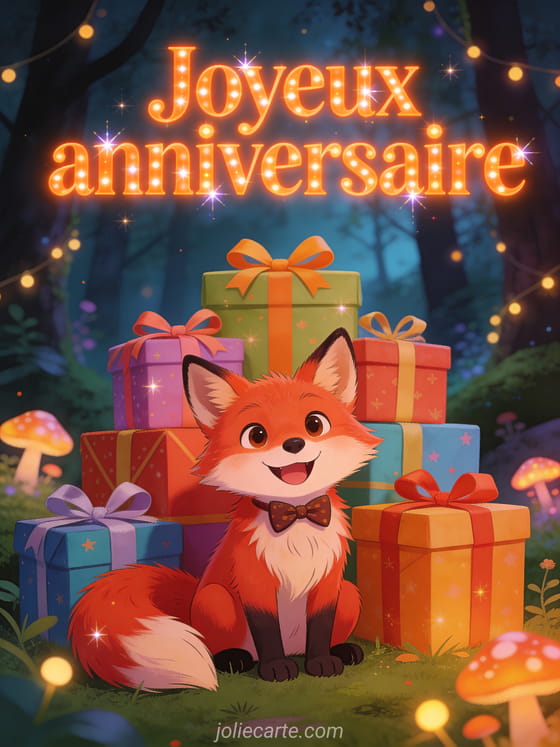Lettres orange vif scintillantes avec renard roux joyeux portant un noeud papillon devant des cadeaux colorés dans une forêt enchantée