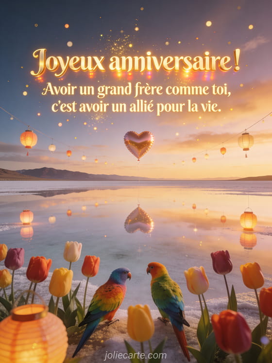 Lettres dorées lumineuses avec Salar de Uyuni reflétant le ciel, tulipes perroquets multicolores, lampions de fête et ballon coeur flottant