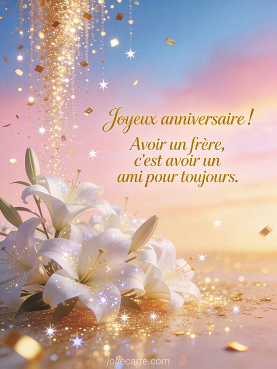 Lys blancs avec sparkles et paillettes dorées sur fond dégradé rose-doré avec confettis et étoiles scintillantes avec le texte Joyeux anniversaire