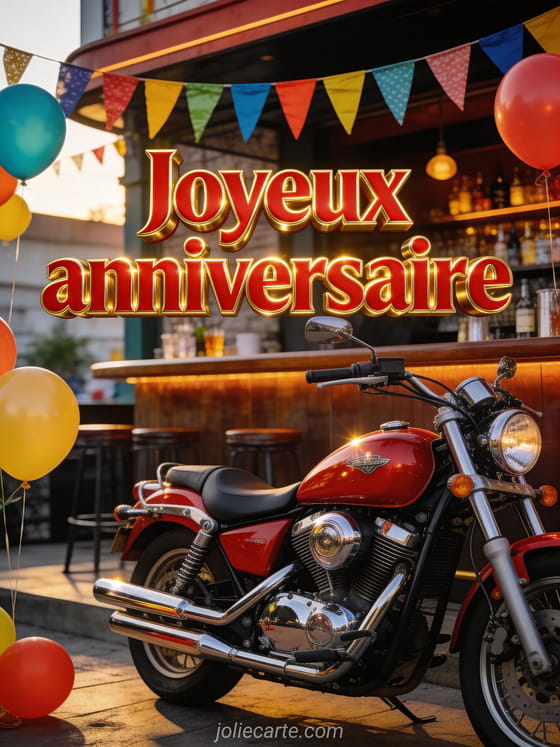 Lettres rouges audacieuses avec glow doré et moto vintage rouge garée devant un bar avec fanions colorés et ballons sous lumière chaude