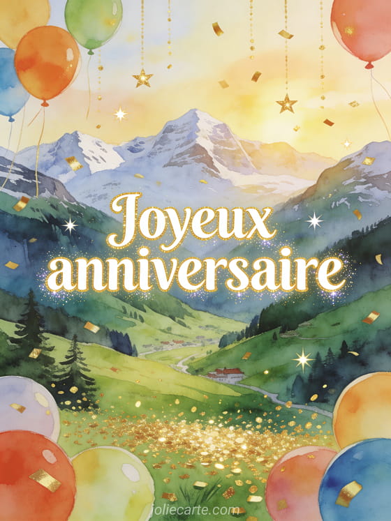 Lettres blanches avec contour doré et sparkle, vallée suisse verte avec sommets enneigés, confettis dorés et ballons colorés flottant