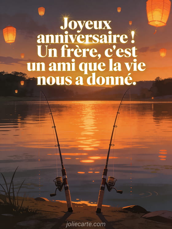 Lettres blanches élégantes avec scène de pêche au bord d'un lac au coucher du soleil, deux cannes à pêche côte à côte et lanternes flottantes
