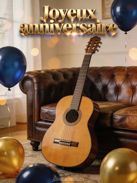 Lettres dorées bold avec effet métallique, guitare acoustique contre un fauteuil en cuir vintage, ballons bleu marine et or avec bokeh chaud