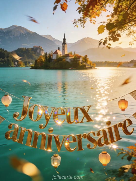 Lake Bled avec île et église entourée des Alpes, banderole festive dorée et lampions de fête au premier plan avec le texte Joyeux anniversaire