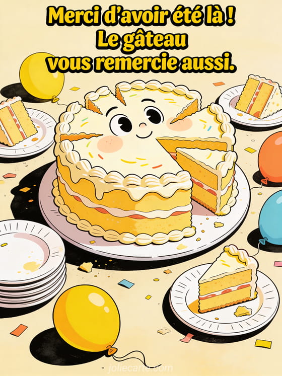 Gâteau d'anniversaire géant avec expression comique en glaçage, parts découpées et assiettes vides empilées, ballons dégonflés