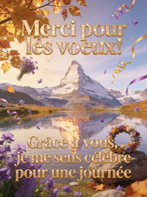 Cervin reflété dans un lac alpin, feuilles dorées, violettes et couronne de fleurs festive