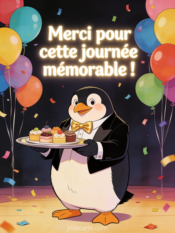 Pingouin en smoking portant un plateau de petits fours, ballons multicolores et confettis