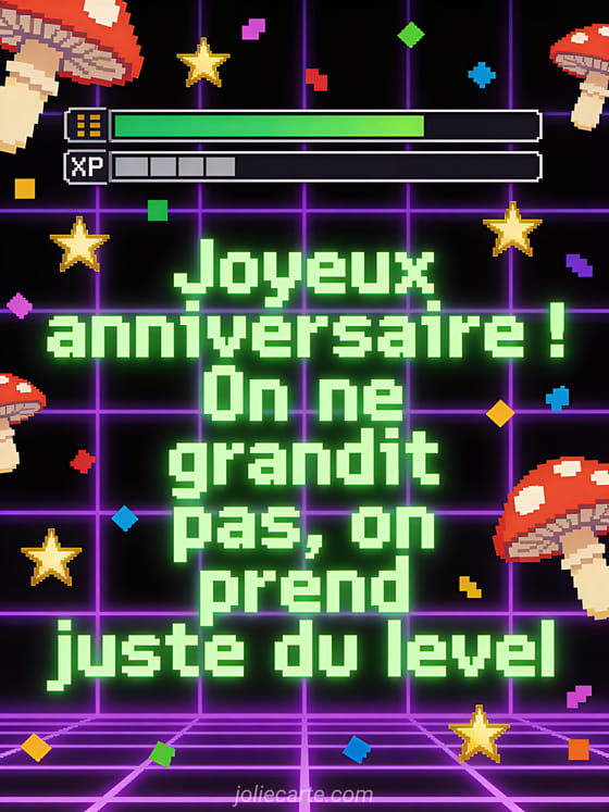 Image pixel art rétro style jeu vidéo avec barre de vie, champignons dorés et confettis pixelisés