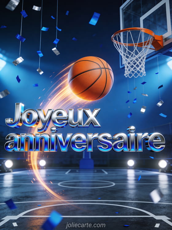 Terrain de basket de nuit avec ballon orange, spots lumineux et confettis bleus et argentés