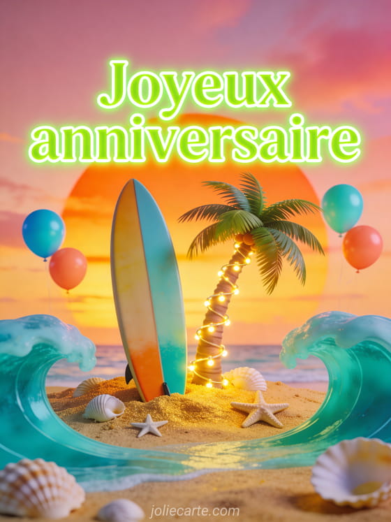 Planche de surf colorée dans le sable, cocotier avec guirlandes, coucher de soleil tropical