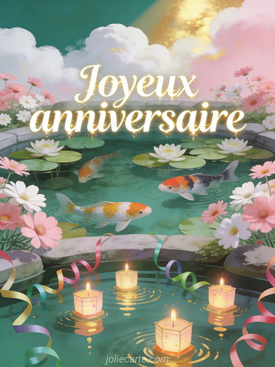 Bassin zen avec carpes koï colorées, nénuphars, cosmos roses et lampions de fête flottant