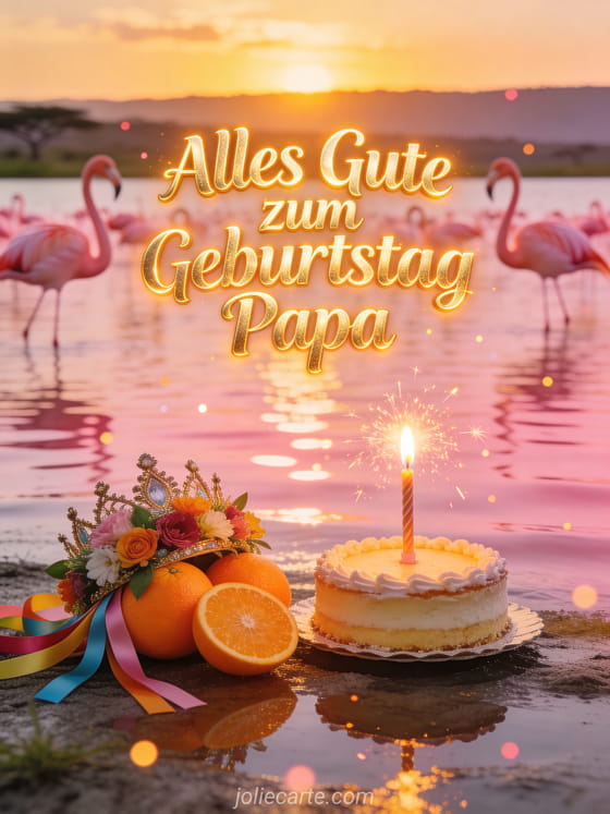 Flamingos am Nakuru-See bei Sonnenuntergang mit orangefarbenen Lilien, funkelndem Geburtstagskuchen, festlichem Blumenkranz und dem Text Alles Gute zum Geburtstag Papa