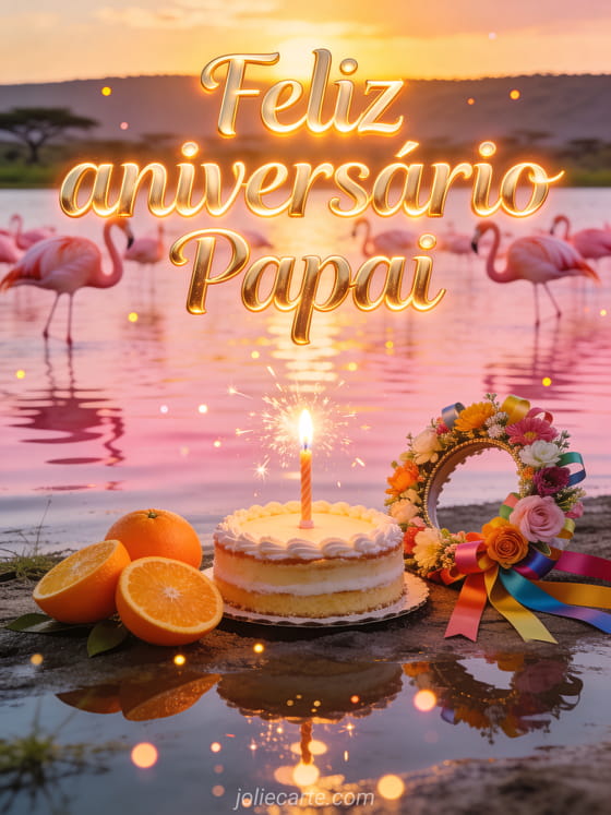 Flamingos no lago Nakuru ao pôr do sol com lírios laranjas, bolo de aniversário com faíscas, coroa de flores festiva e o texto Feliz aniversário Papai
