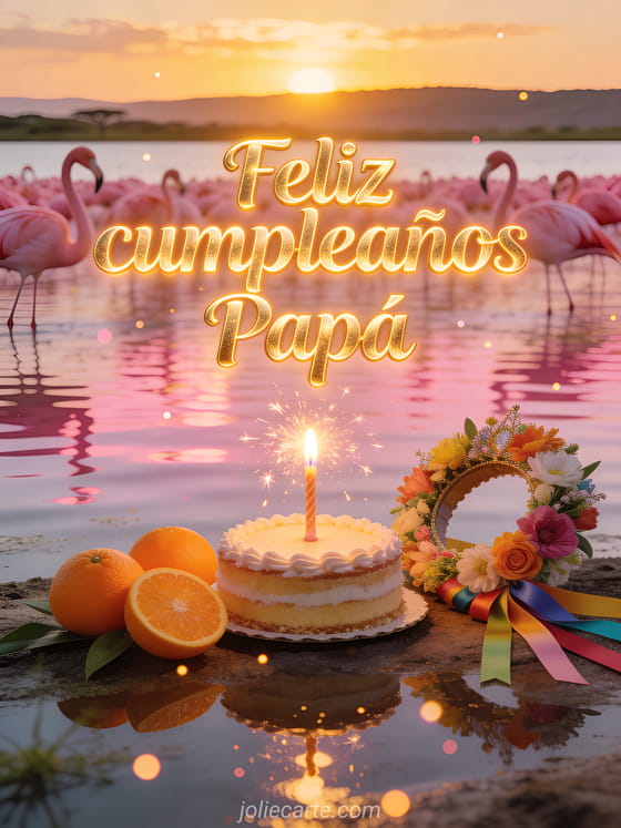 Flamencos en el lago Nakuru al atardecer con lirios naranjas, pastel de cumpleaños con chispas, corona de flores festiva y el texto Feliz cumpleaños Papá