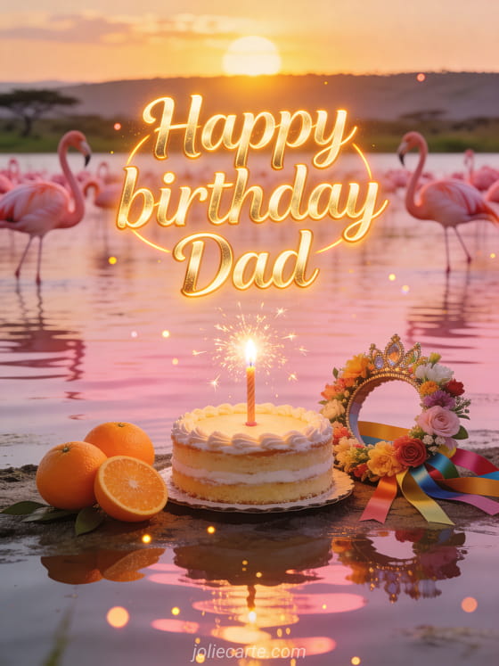 Flamingos on Lake Nakuru at sunset with orange lilies, sparkling birthday cake, festive flower crown and the text Happy birthday Dad