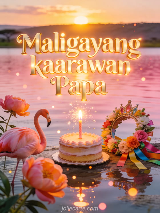 Mga flamingo sa Lawa ng Nakuru sa paglubog ng araw na may orange na lilyo, birthday cake na may sparkler, piyestang korona ng bulaklak at ang teksto Maligayang kaarawan Papa