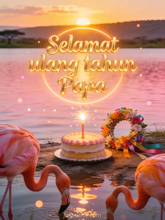 Flamingo di Danau Nakuru saat matahari terbenam dengan lili oranye, kue ulang tahun berkilau, mahkota bunga festif dan teks Selamat ulang tahun Papa