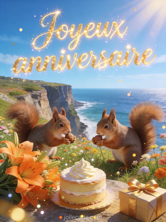 Falaise côtière avec océan, écureuils partageant une noisette, gâteau et cadeau doré