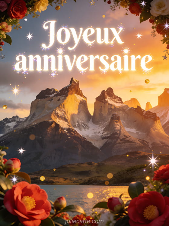 Torres del Paine au lever du soleil avec couronne de camélias rouges, étoiles festives et paillettes dorées, texte lumineux Joyeux anniversaire