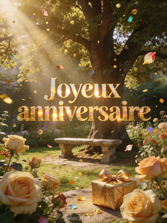 Banc en pierre sous un grand tilleul dans un jardin fleuri baigné de soleil, roses anciennes, confettis colorés et pétales dans la brise, texte doré Joyeux anniversaire