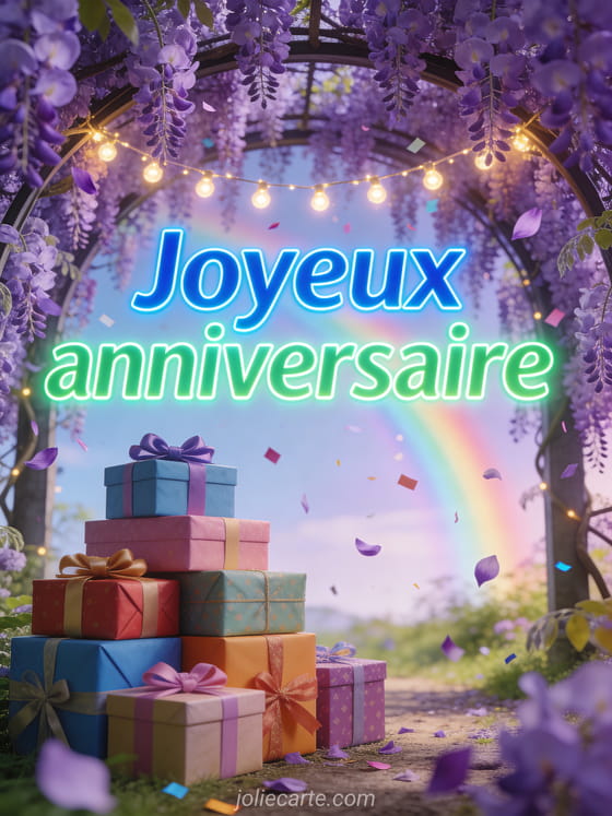 Tunnel de glycines violettes en fleurs avec arc-en-ciel, pile de cadeaux colorés, guirlande lumineuse festive, confettis et pétales dans l'air, texte néon Joyeux anniversaire