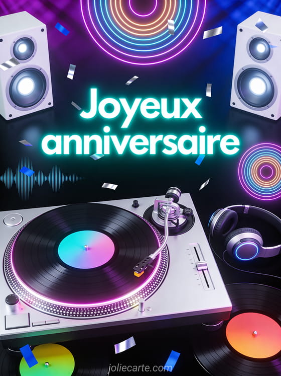 Platine DJ vinyle stylisée avec disques lumineux, casque audio, ondes sonores multicolores, enceintes LED et confettis argentés, texte néon turquoise Joyeux anniversaire