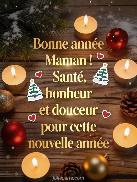 Composition chaleureuse avec bougies, branches de sapin, boules de Noël rouges et dorées et le texte Bonne année Maman en lettres dorées